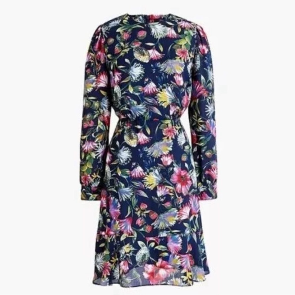 J. Crew Navy Floral print long sleeve chiffon dress size 2 - Picture 2 of 14